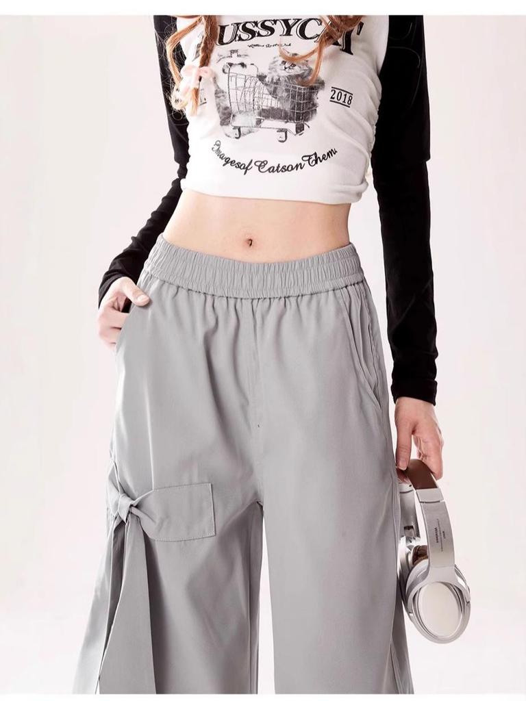 2024 Women's Gray Quick-Drying High-Waist Wide-Leg Cargo Pants