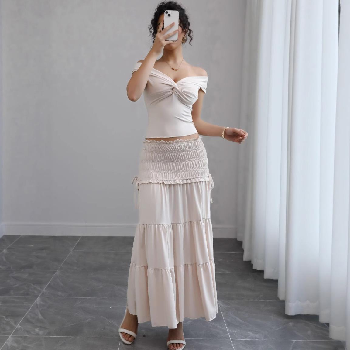 

Summer sexy women s clothing open-navel low-cut short vest French temperament pleated skirt two-piece suit women S абрикосовый
