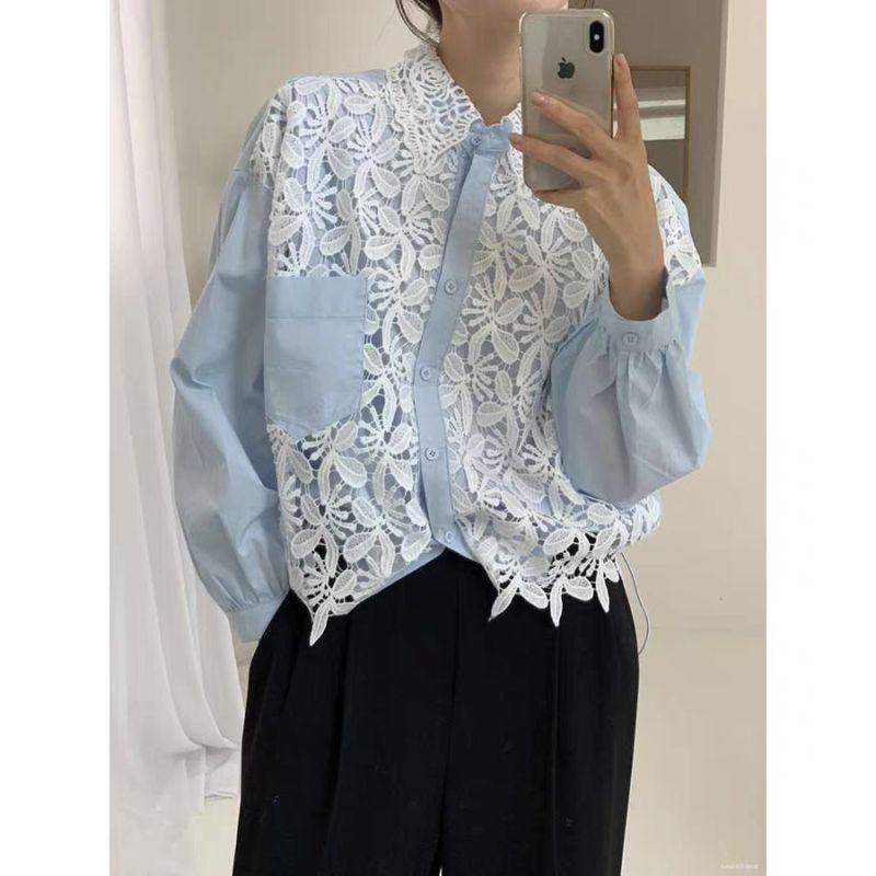

Crochet Lace Fake Two-Piece Stitching Drawstring Women s Lapel Shirt Age Reduction Stylish Chic Long Sleeve Loose Top Blue One size