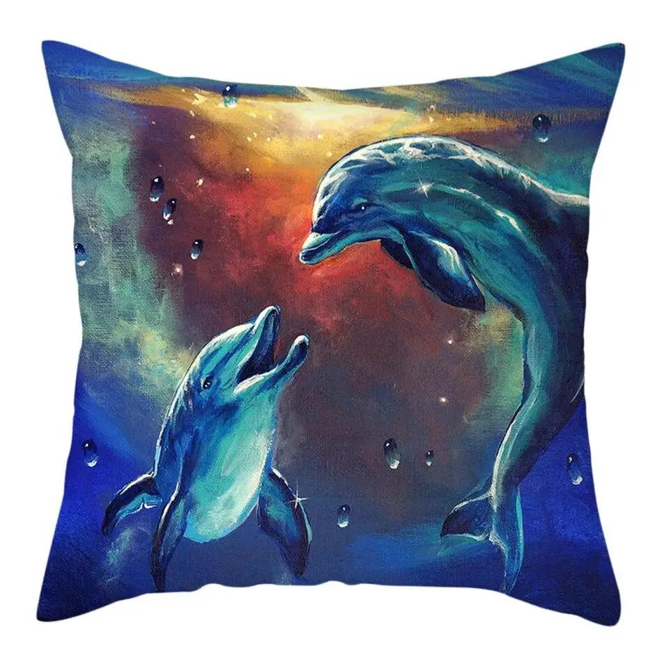 Colorful Sea World Pillowcase Cute Dolphin Pattern Cushion Cover Home Sofa Car Decoration