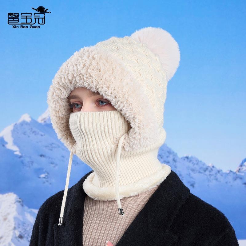 Winter outdoor thermal hat children's face mask scarf integrated pullover hat fleece cold protection ear protection knitted wool hat tide