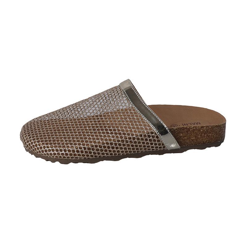 Rhinestone fishing net hollow fashionable slippers 2025 new summer fashion outer wear one pedal thick-soled bag head half slippers