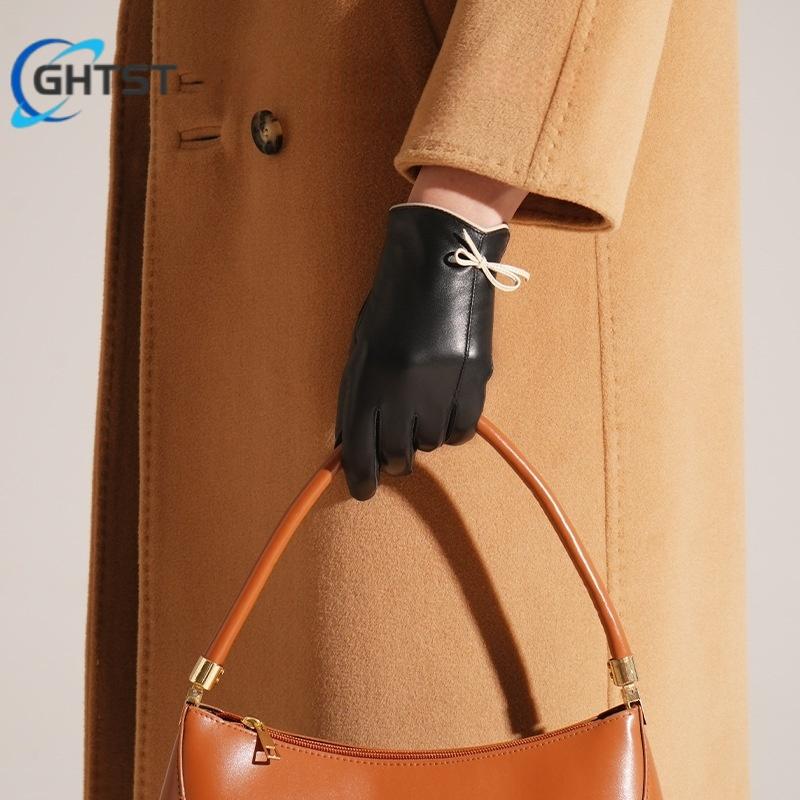 Winter Genuine Sheepskin Leather Gloves Cycling Driving Elegant Women Warm Fleece Touchscreen Bow High Quality Mittens