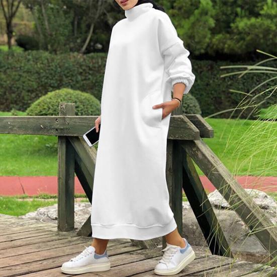 Dámské zimní šaty volné dlouhý rukáv jednobarevné rolák měkká ochrana krku