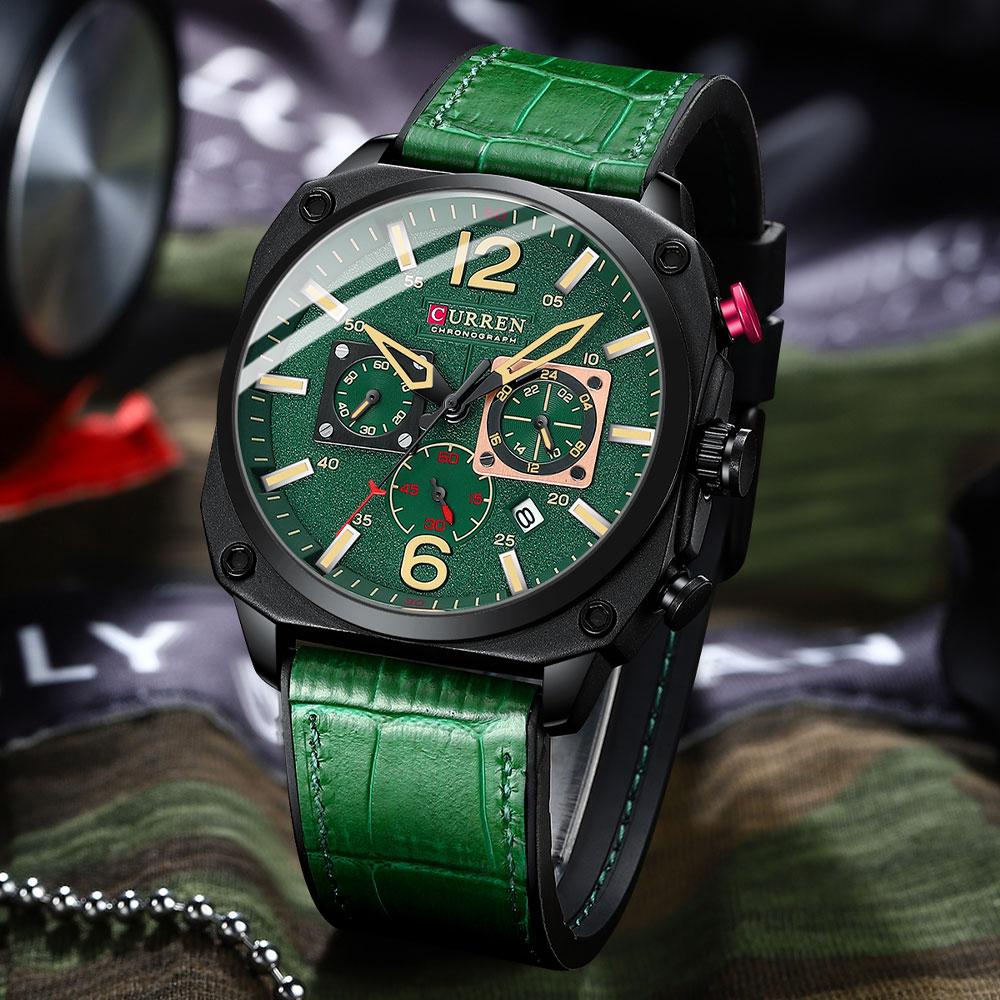 Chronograph Wristwatch Calendar Sport Mens Watches Military Fashion Square Dial Leather Male Clock Gift Luminous Waterproof