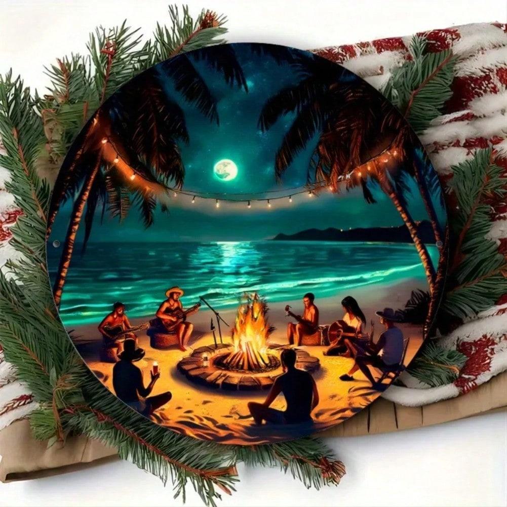 

Metal Wall Art Moonlit Beach Palm Tree String Lights Office Cafe Decor Beach Theme Room Wall Decor 20x20 різнокольоровий