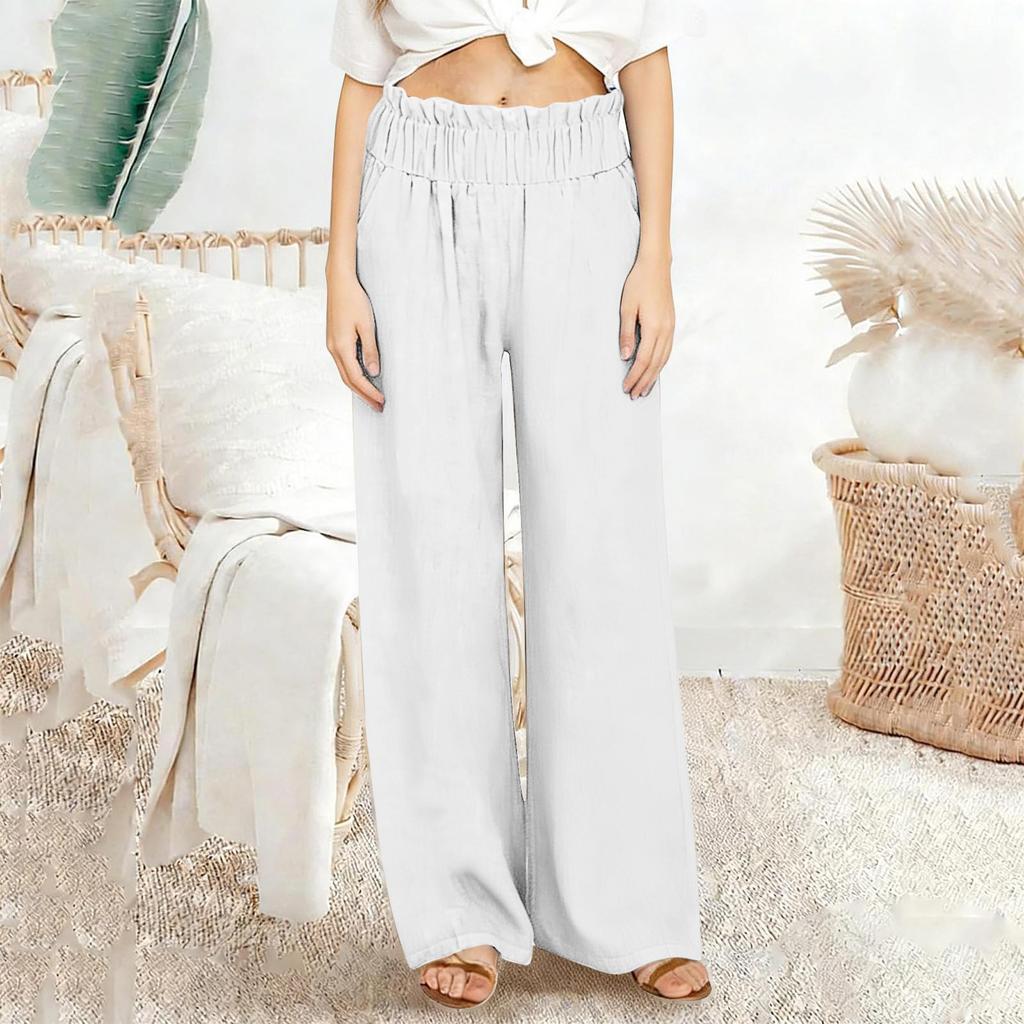Casual linnen broek met wijde pijpen voor dames, elastische taille, veelzijdige zakelijke casual palazzo broek met zakken.