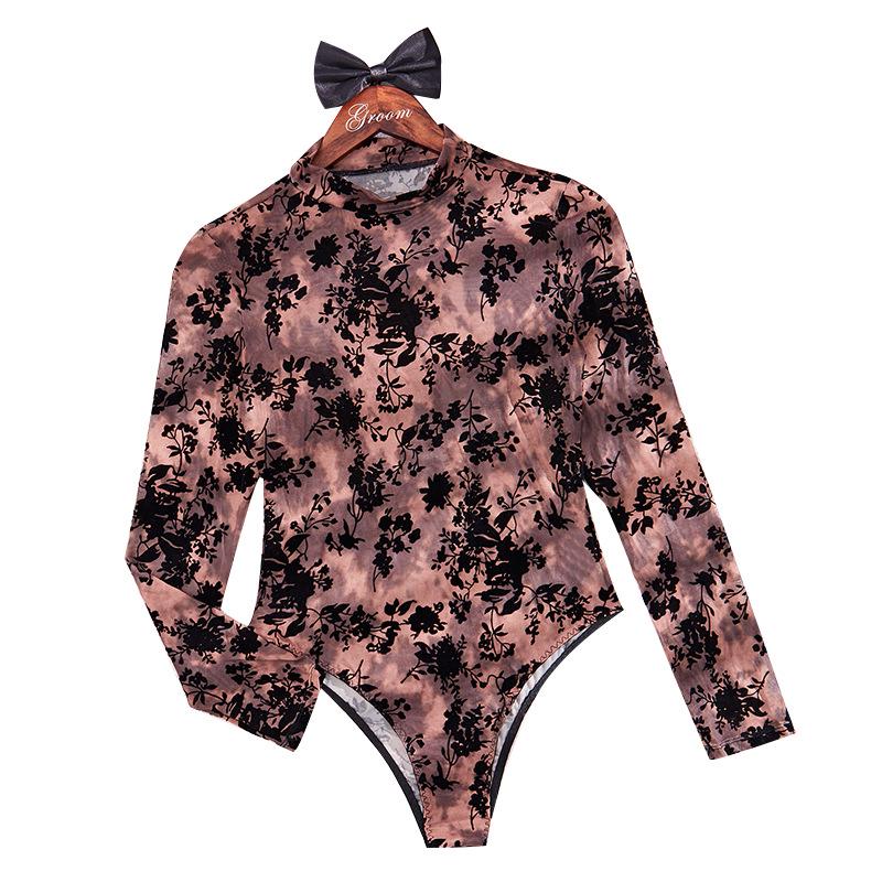 Autumn/Winter See-through Lace Mesh Long Sleeve Slim Fit Bodysuit