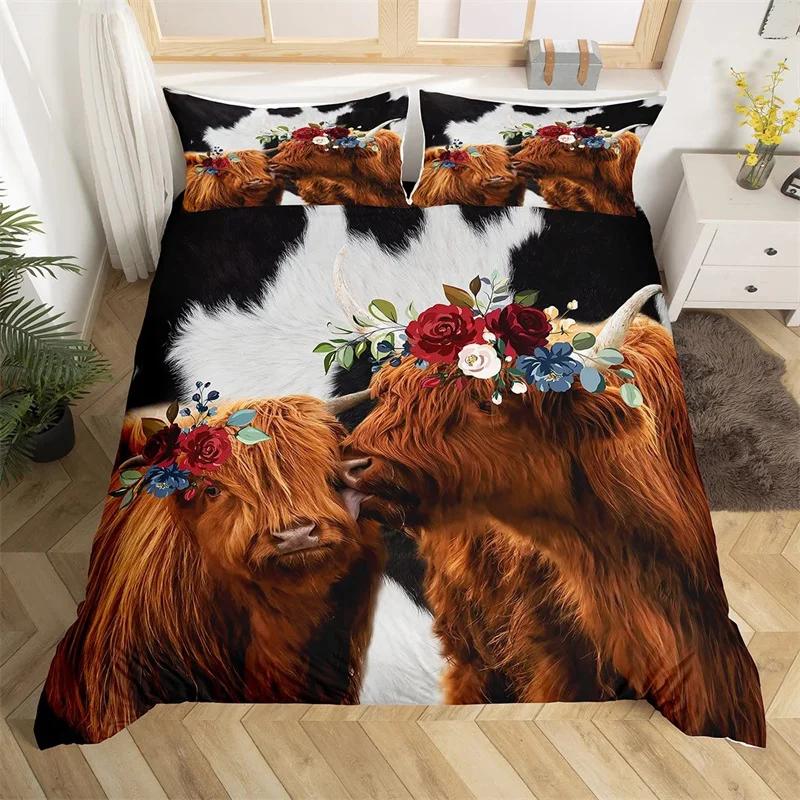 Highland Cow Duvet Cover King Microfiber Western Farmhouse Animal Bedding Set Leopard Cow Skin Fur Floral Print Comforter Cover