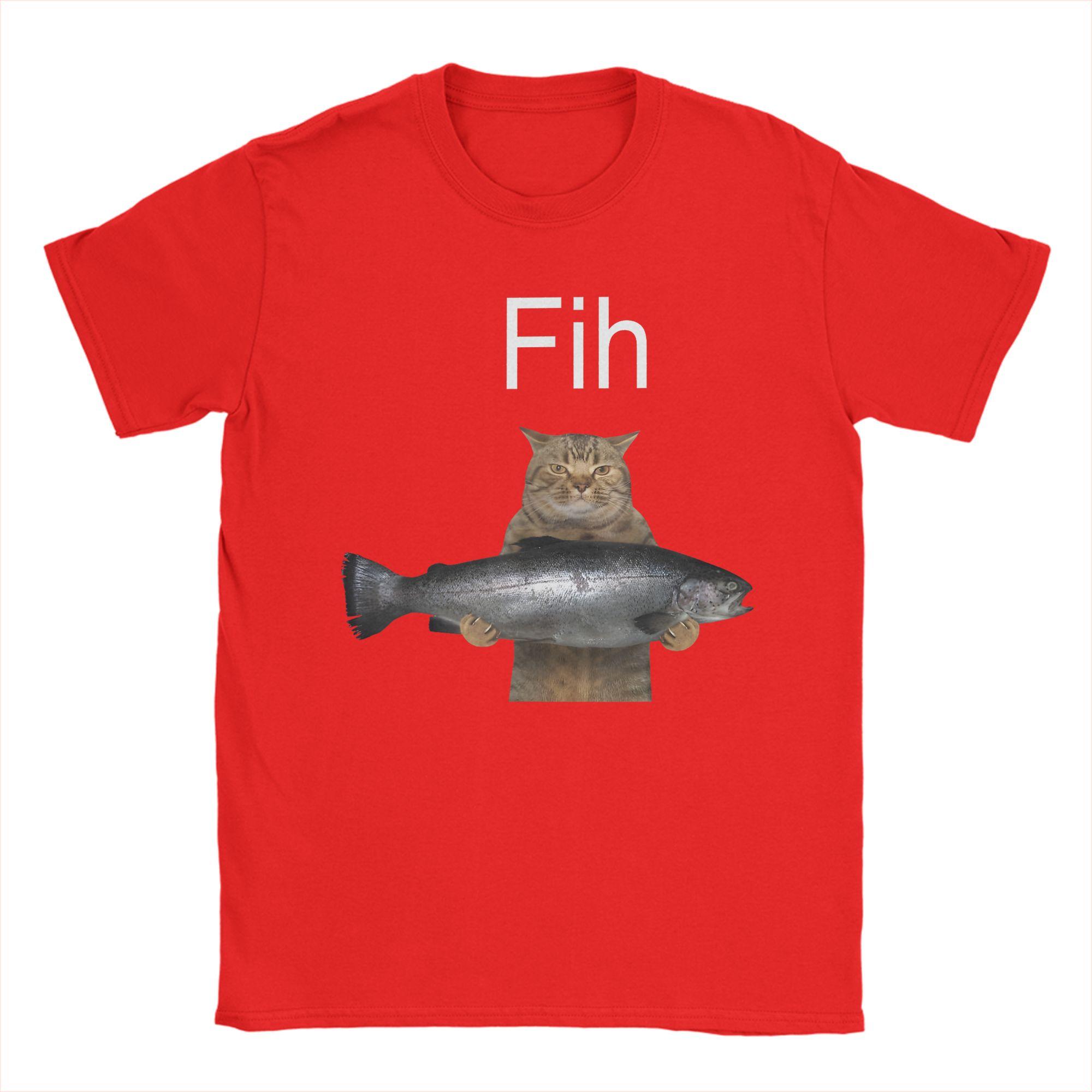 Mens Fih Funny Misspelled Fish Meme Cat Meme T Shirts Pure Cotton Tops Summer Short Sleeve TShirt O Neck Tee Shirt Plus Size S