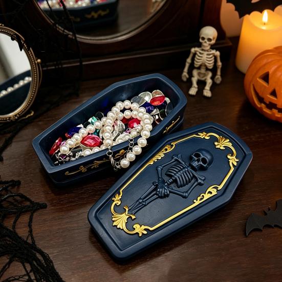 Resin Trinket Casket Gothic Skull Jewelry Box, Spooky Storage Figurine for Decorative Container Rings, Halloween Dark Tabletop Organizer, Unique Gift