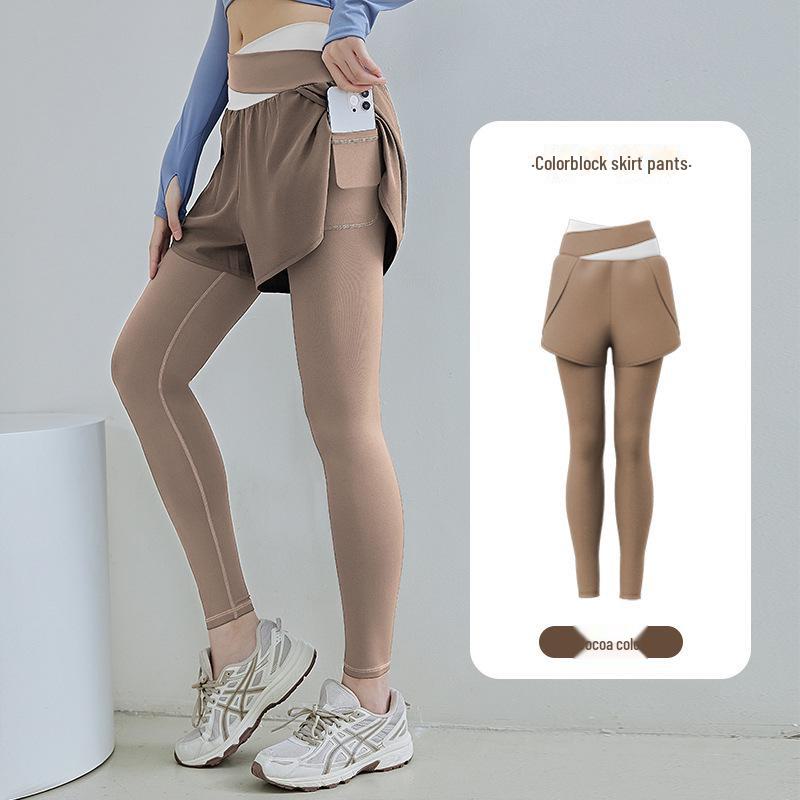 

Juyitang High Waist Color Block Yoga Pants with Pocket - Anti-Exposure, Fake Two-Piece Design for Fitness Small