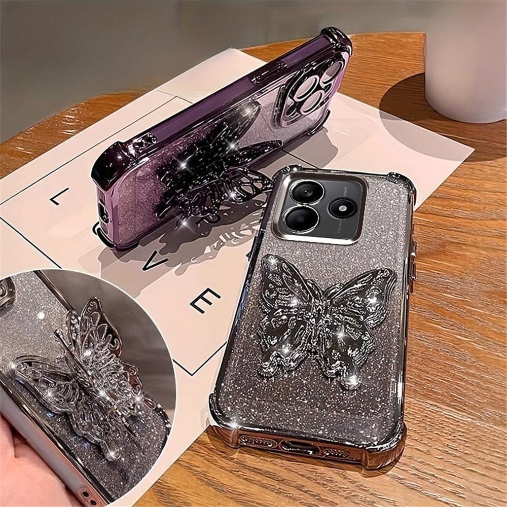Butterfly Bracket Phone Case For Xiaomi Redmi 14C Note 14 15 Pro Plus 15 15C 14S 4G 5G Glitter Shockproof Soft Silicone Cover