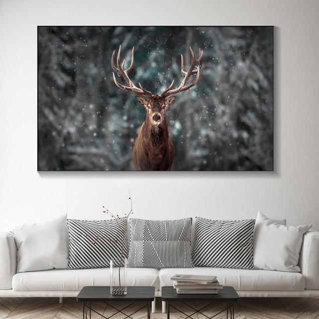 Animal Noble Deer In Winter Snow Forest Canvas Painting Posters and Prints Wall Art Pictures For Living Room Home Decor No Frame