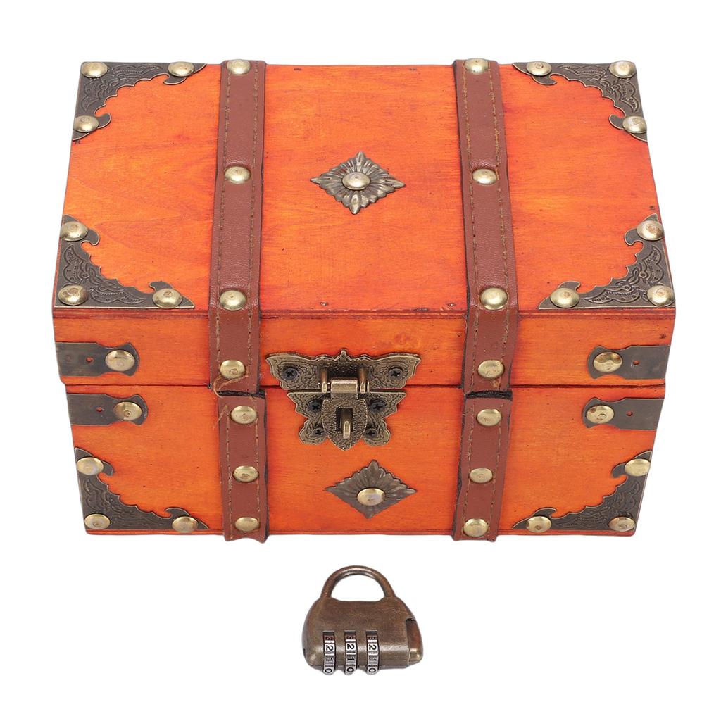 Wooden Treasure Chest Box Vintage Decorative Antique Wood Jewelry Box with Lock Hinged Lid Small Size