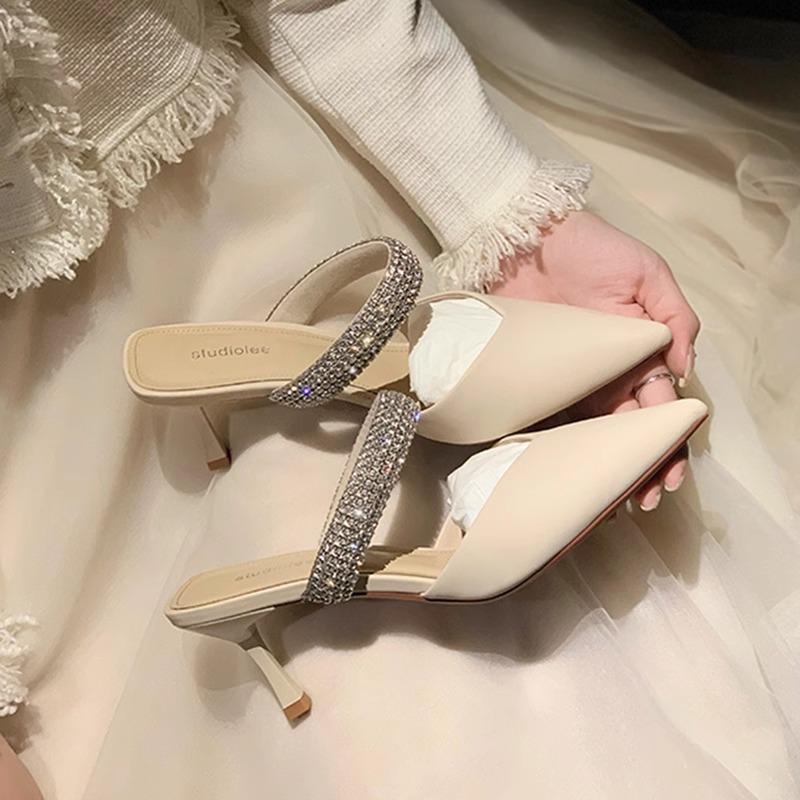 French high-heeled cool slippers women's 2025 spring temperament flash rhinestone thin heel pointed single shoes sexy bag head half drag