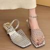 Sister Han Yu! Temperament Square Head Woven Hollow Wedge Sandals Women's Summer 2025 New Open-toed Bag Head Sandals