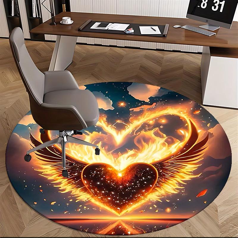 1pc Flaming Heart with Wings Round Carpet Anime Design Office Chair Mat, Non Slip Rug for Home Decor, Gift, Office, Living Room, Bedroom