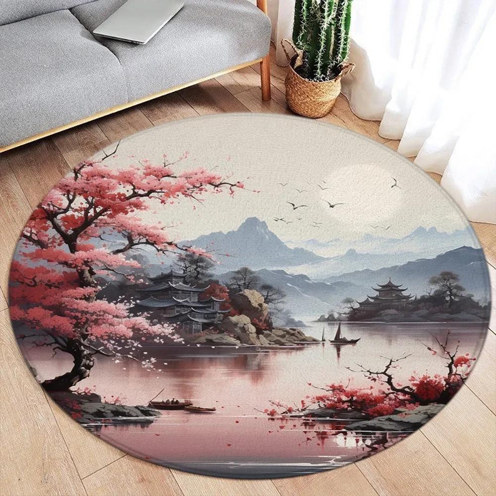 Japanse Stijl Koi en Kersenhout Bloesem Vloerkleed, Antislip Vloermat voor Woonkamer, Slaapkamer, Badkamer, Vakantiehuis Decoratie 60x60cm Flannel