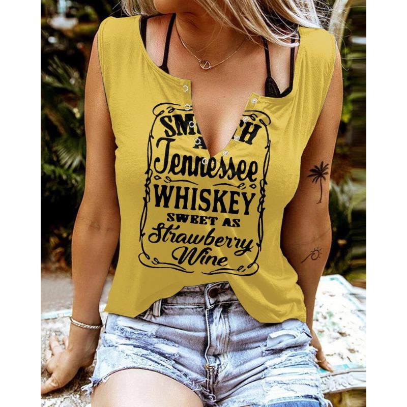 Zabawne T-shirty damskie bez rękawów z nadrukiem literowym i kolorowym dekoltem w serek