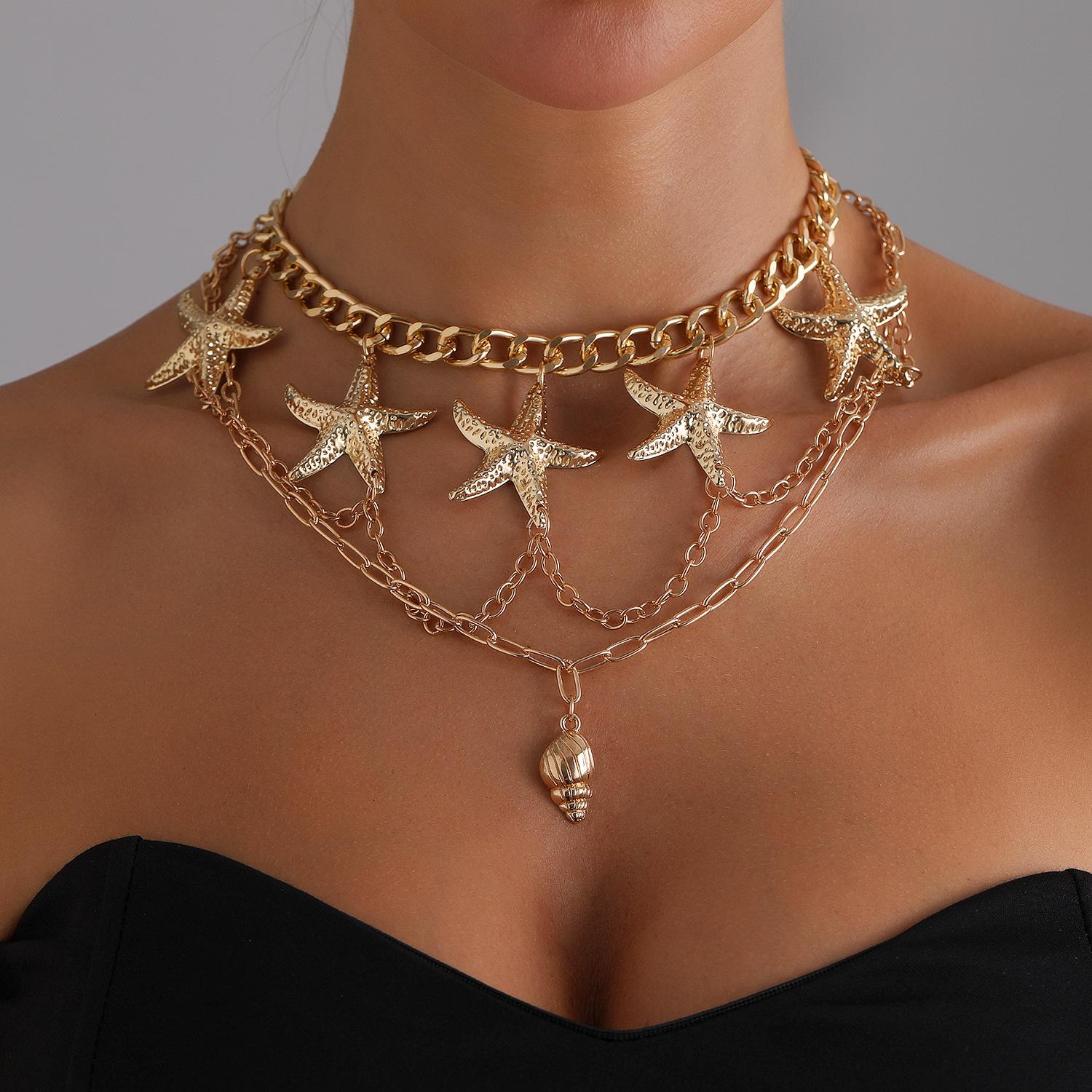 Vintage Conch Sea Star Tassel Pendant Necklace 2025 Women s Stacked Punk Style Gold Color Metal Fashion Girl Jewelry