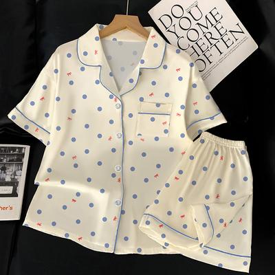 Simple And Comfortable Summer Short-Sleeved Pajamas Women'S Light Luxury Polka Dot Cold Silk Cool Satin Loungewear Set