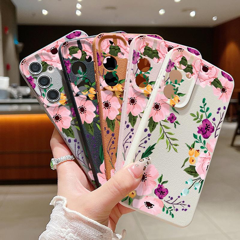 Floral Print Shockproof Phone Case For Samsung S25 Ultra S24 FE S23 S22 A56 A36 A55 A16 A26 A35 Slim Matte Leather Texture TPU Soft Bumper Cover