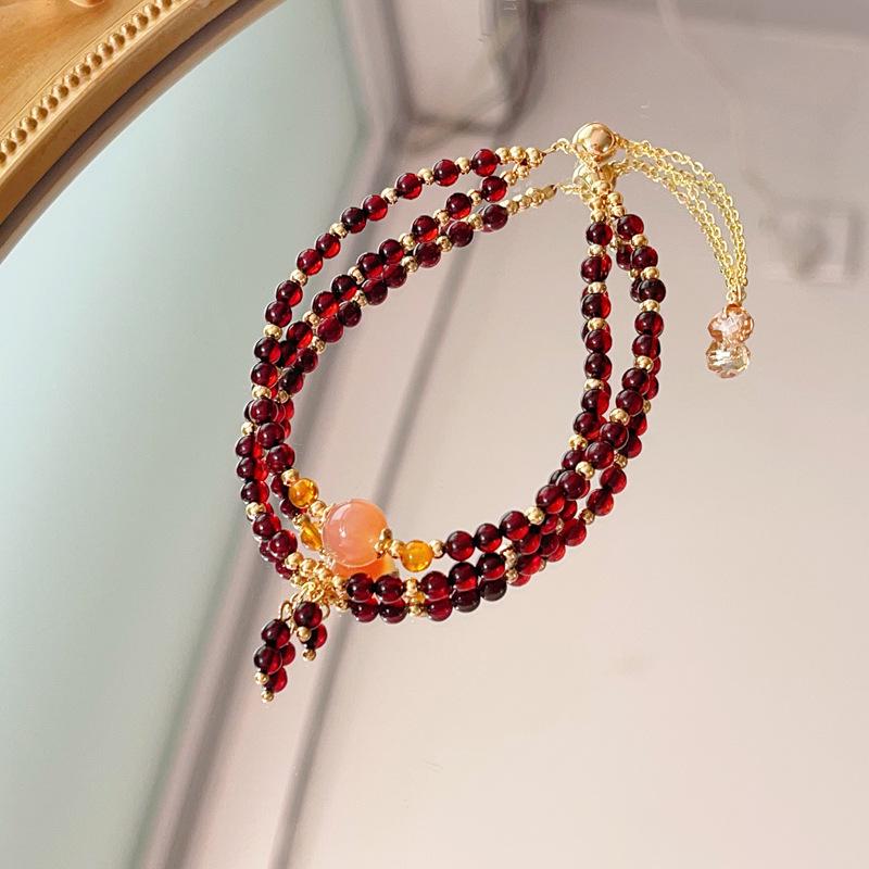 Natural Amber & Pink Sugar Heart Crystal Double-Loop Bracelet (3.5mm)