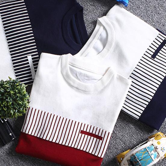 Herren Color Block Streifen Rundhals Langarm Schlank Gestrickter Pullover Pullover Oberteil