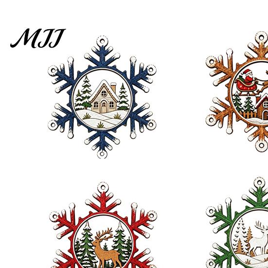Lightweight Wooden Xmas Tree Hanging Set 4 Pcs Christmas Snowflake Ornaments, Rustic Decoration with Indoor Window Wall Ornaments Elk Village