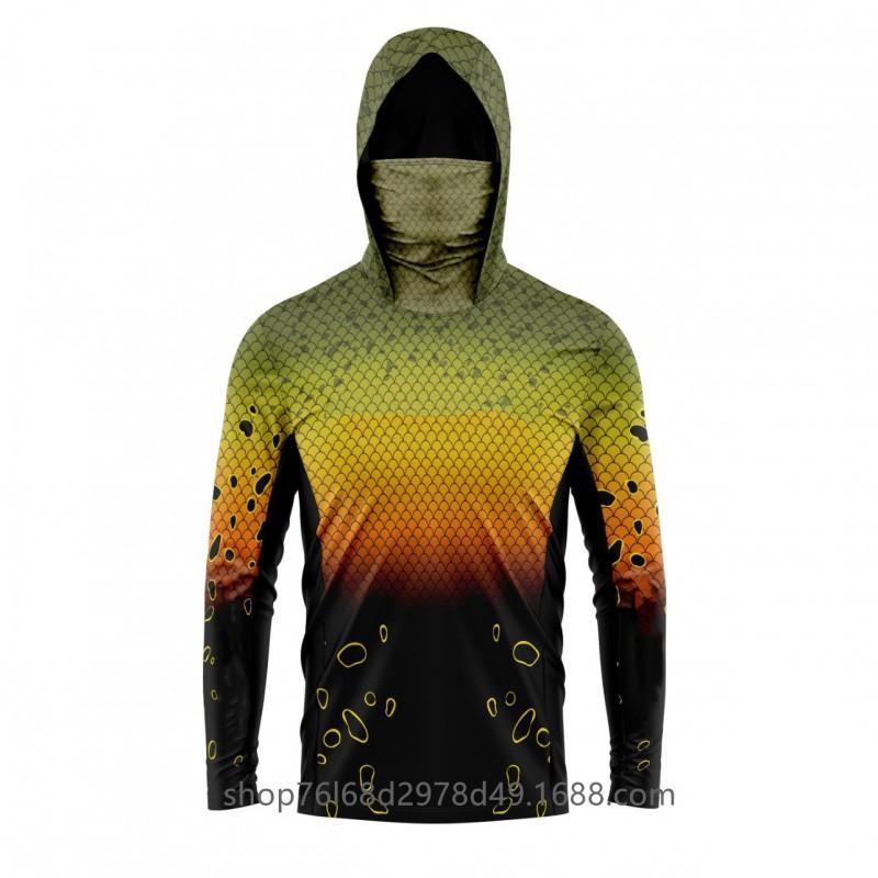 Mens Quick-Dry Ice Silk Long Sleeve UPF 50 Sun Protection Hooded Fishing Shirt With Integrated Face Cover
