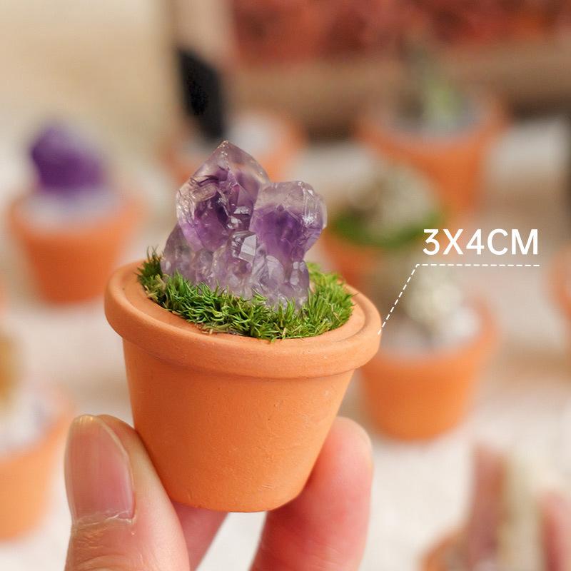 1PC Natural Crystal Stones Set Mini Clay Pot Base Amethyst Quartz Healing Gemstones Potted Plant Style Feng Shui Home Decor