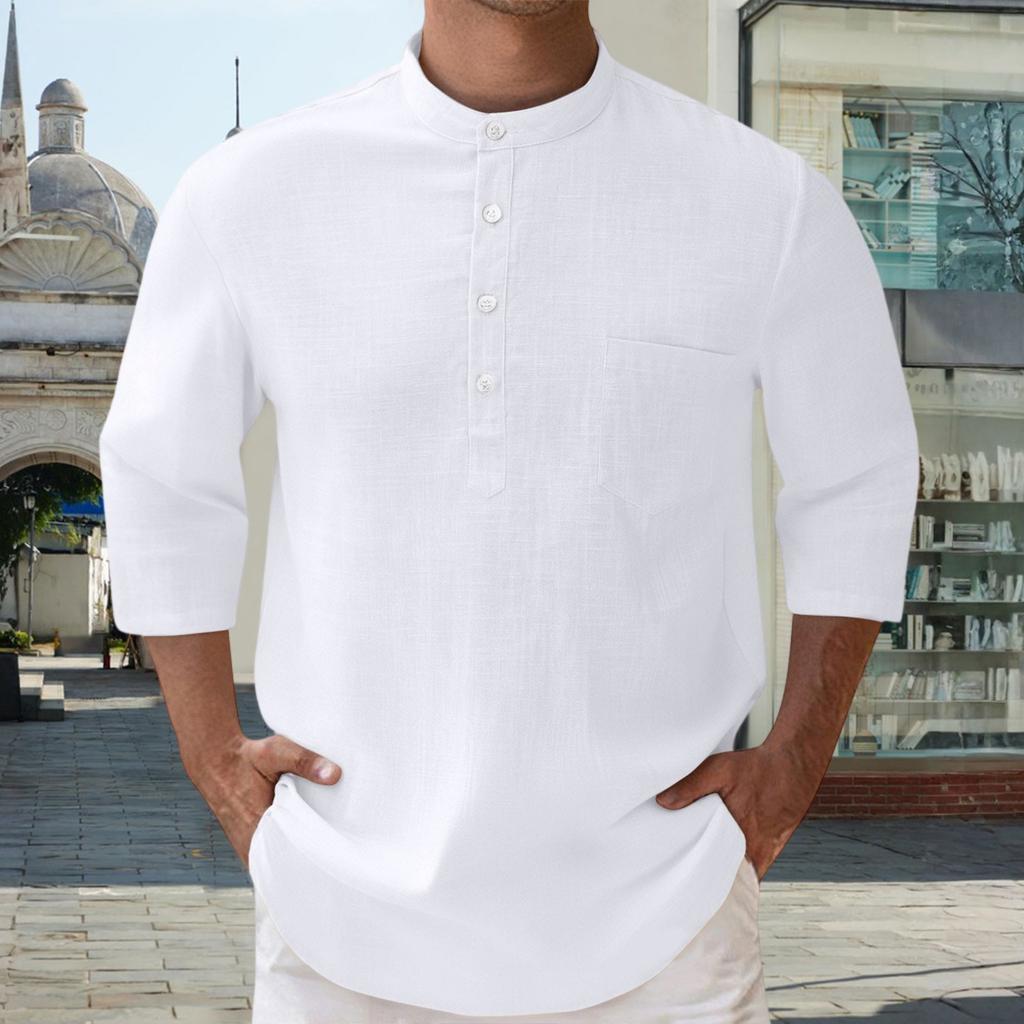 Men's Linen 3/4-Sleeve Shirt - Buttoned Stand Collar Pocket Loose-Fit Casual Top