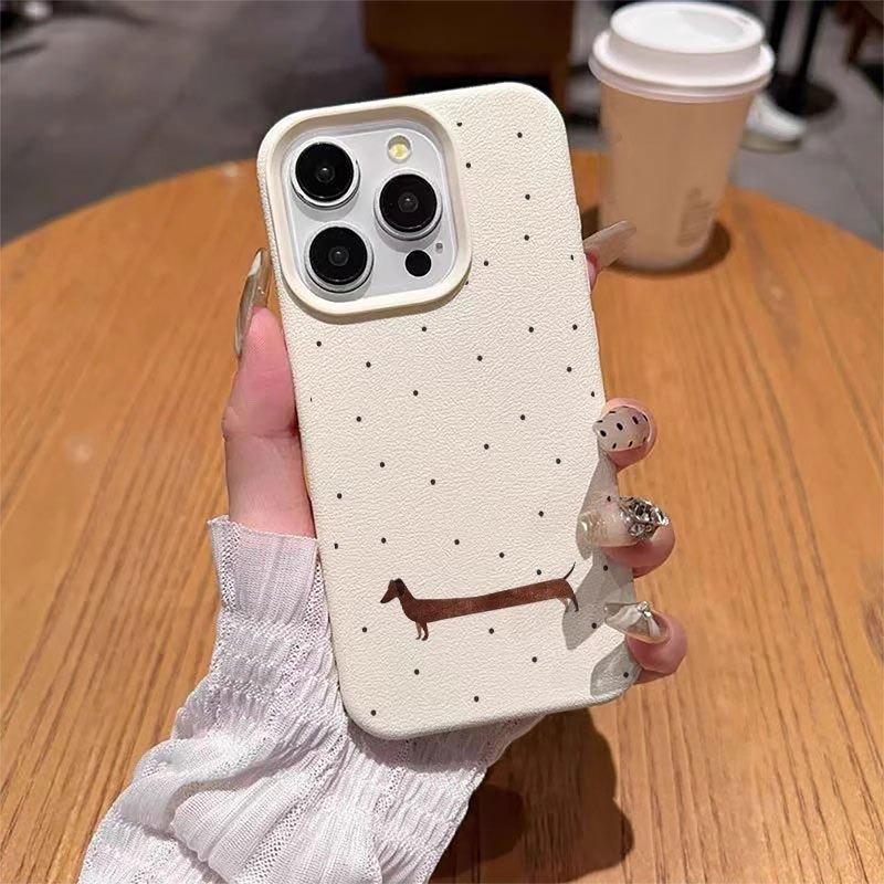 Black Polka Dot Sausage Dog Lychee Texture Phone Case For iPhone 17 16 15 14 13 12 11 Pro Max Plus Air X XS XR Soft Y2K Cover