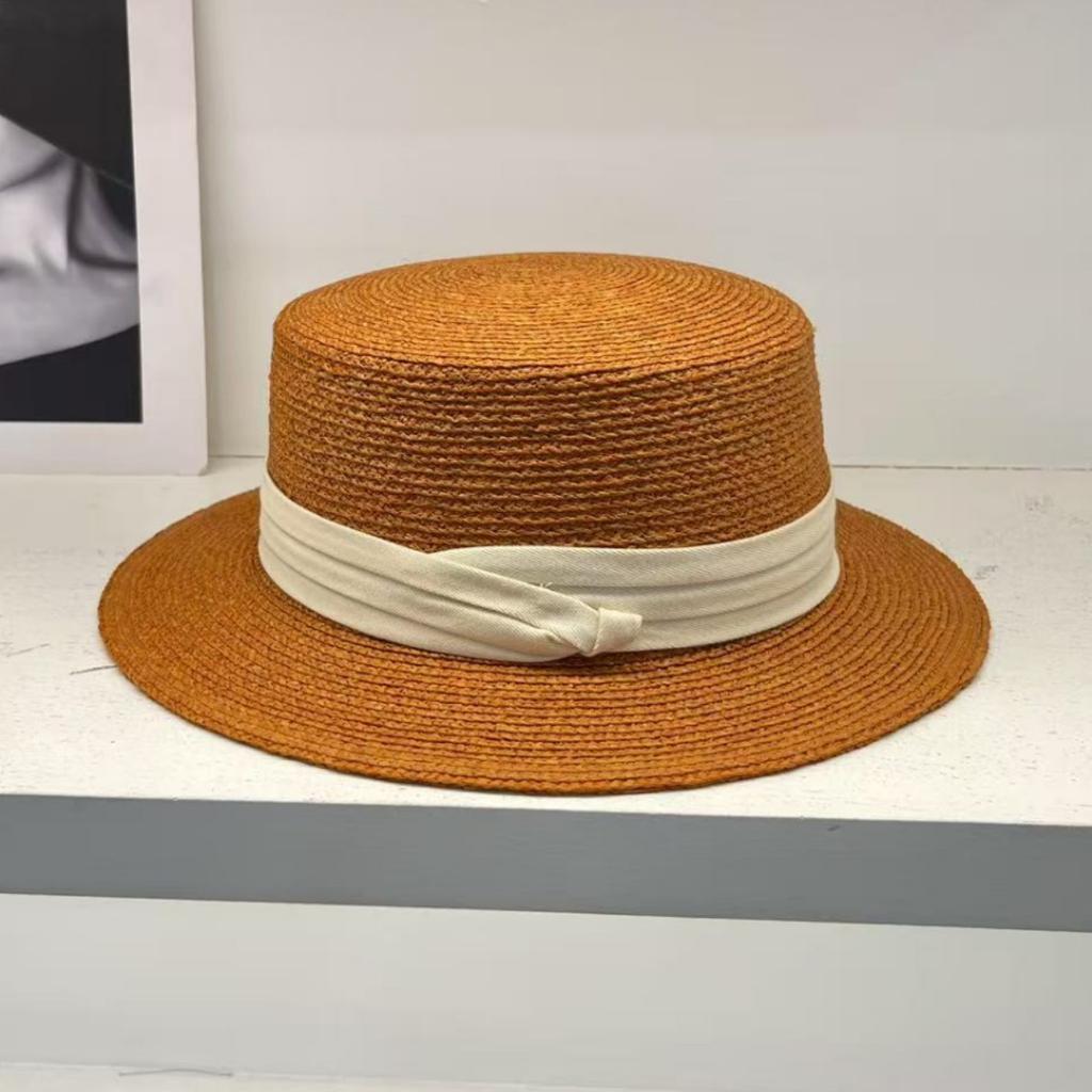 French Te Silk Lafie Grass Flat Top Straw Hat Women's Summer Hepburn Elegant Top Hat, Men's Sun Had Seaside Beach Hat