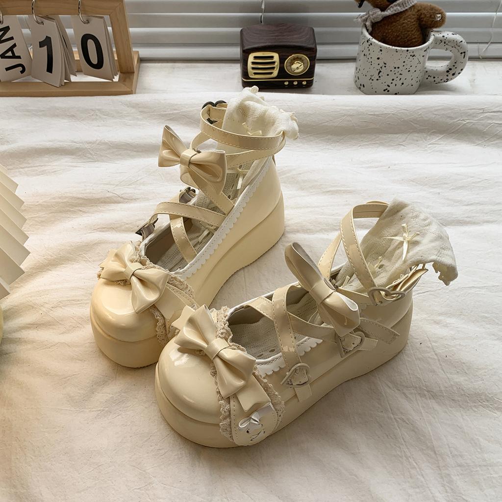 Fashion Heart Buckle Ankle Straps Women's Mary Jane Shoes Japanese Style Cute Lolita Dress Shoes Wedge Platform Bowknot Pumps Sweet Girl