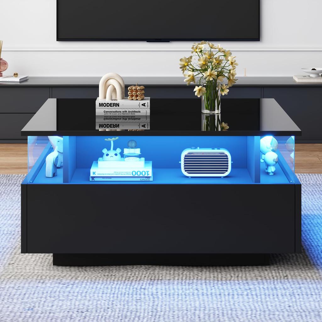Coffee Table High Gloss Black, Square LED Lighting, Coffee Table 2 Drawers Transparent Sofa Table Side Table Tea Table Office