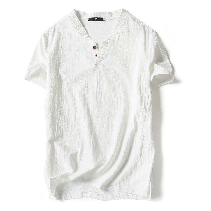 Men's Large-Size Chinese Style Casual T-Shirt - Solid Color  Imitation Cotton and Linen Short-Sleeved