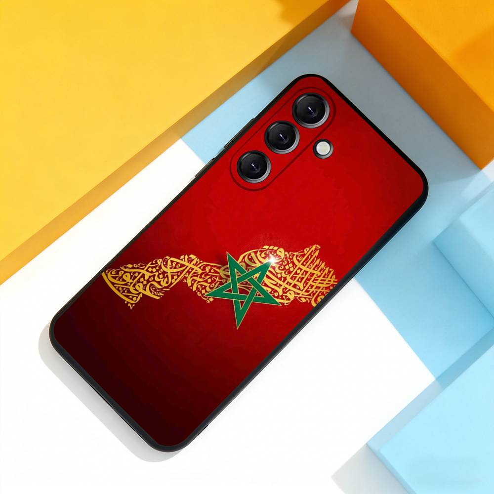 Custodia per Telefono con Mappa Bandiera del Marocco M-Maroc Per Samsung Galaxy A 22,71,53,52,51,72,73,5G,Note,J7,8,9 Copertura Nera Morbida