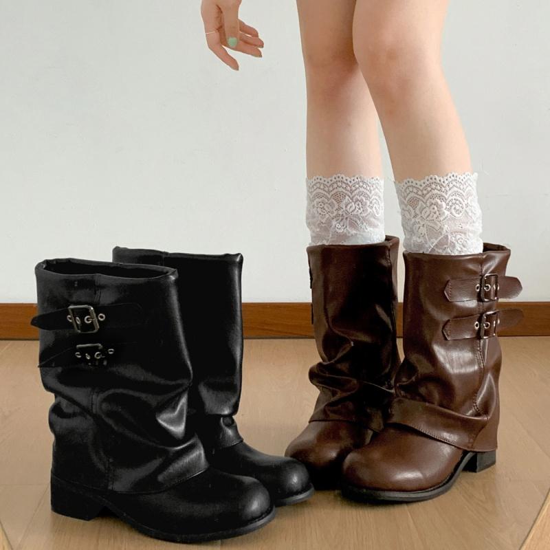 Fashion Cowgirl Boots 2025 Autumn Vintage Western Thick Heels Women Boots Fashion Belt Buckle Slip On Mordern Short Boots Mujer