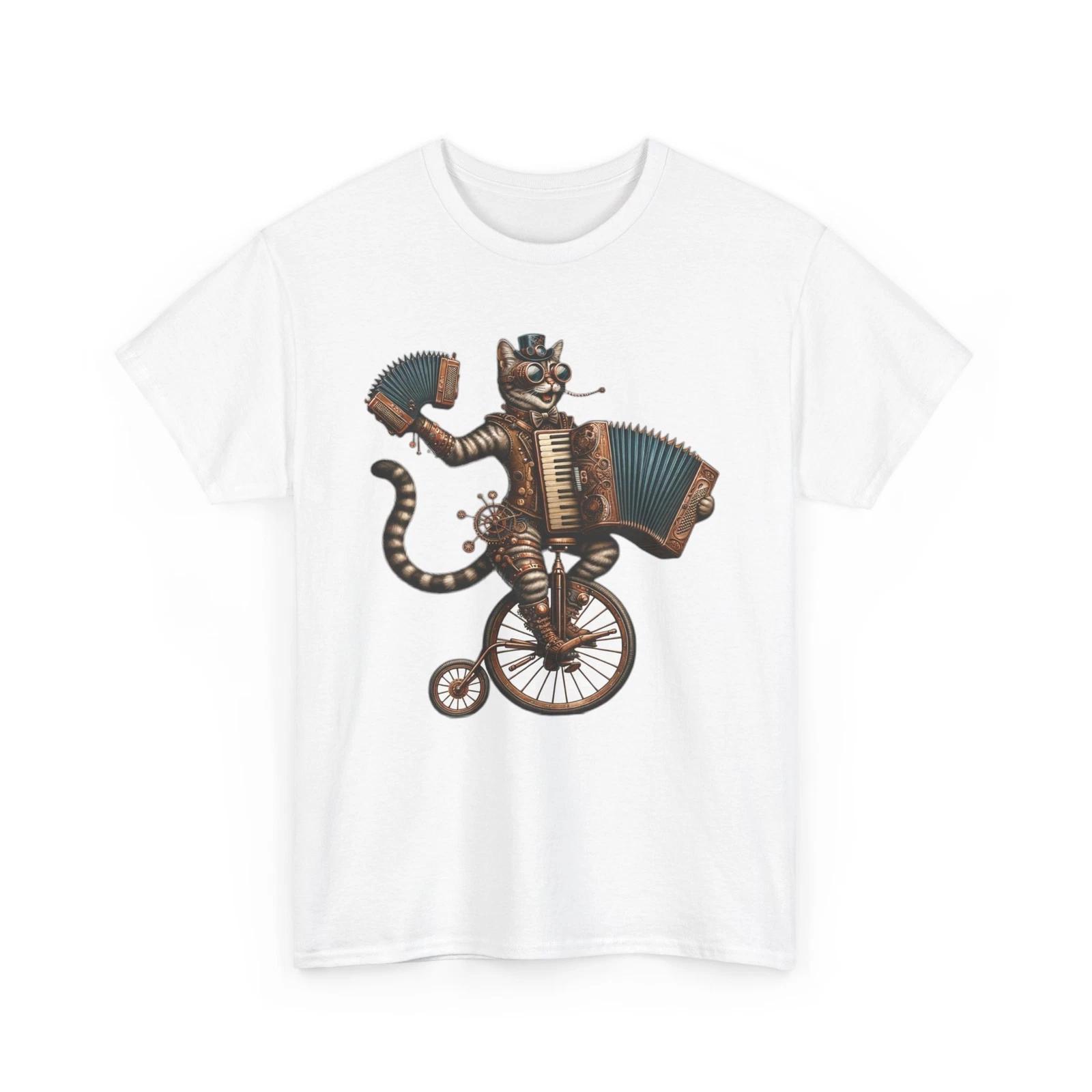 Unisex Adult T Shirt Steampunk Cat Unicycle Accordion Performance Funny Pet Tee L