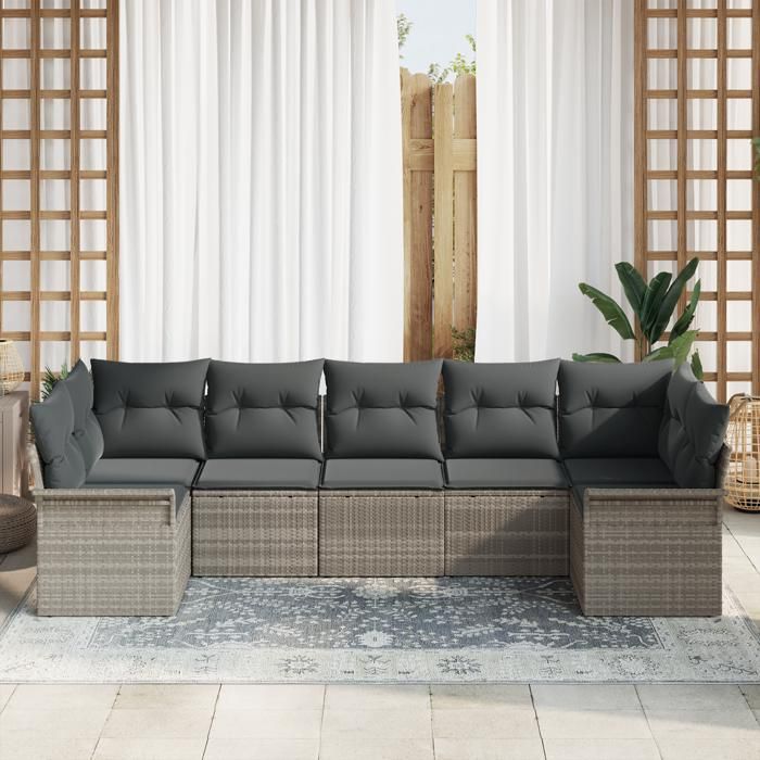 7 pièces de Canapé de Jardin avec Coussins Gris Clair en Rattan Poly, Canapé de Jardin 2 Places avec Rangements &amp; Coussins 3354181