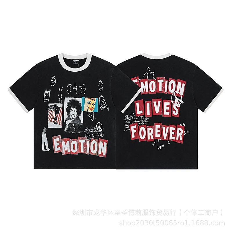 Unisex Vintage American Style Loose Fit Cotton Tee With Embellished Letter Print Round Neck Short Sleeve
