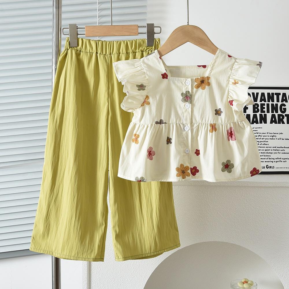 Girls Summer Floral Print Flutter Sleeve Top And Pants Two Piece Set Kids Clothing Outfit 100cm