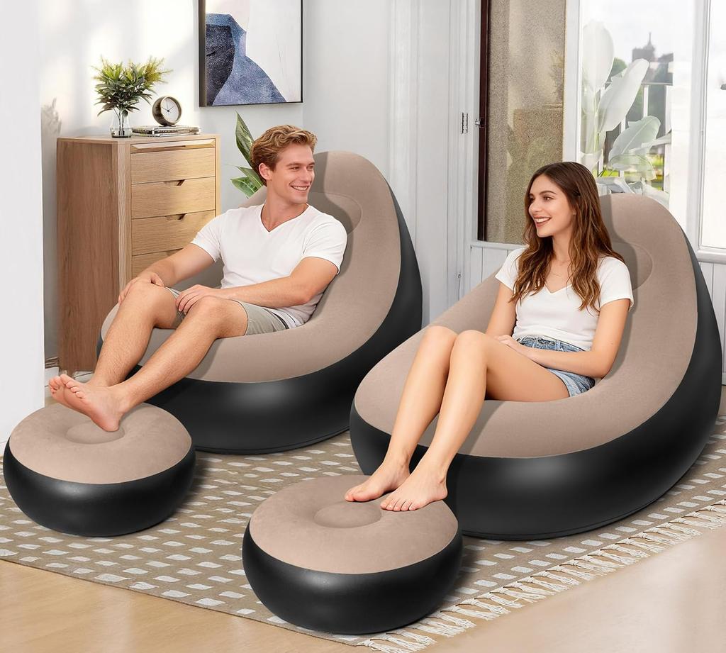 Cadeira Inflável para Adultos, Portátil com Apoio para os Pés, Superfície Aveludada, Impermeável, Sofá Inflável Confortável para Acampamento, Jogos (