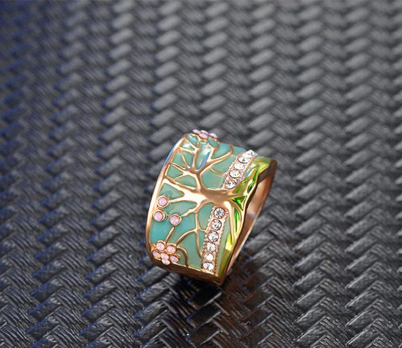 Nouveaux Anneaux Arbre Fleur Mode Or Opale Rose Émail Vert Bague Large Pour femme Soirée Cristal Bijoux Vintage