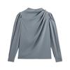 Women's Stand Collar Lantern Sleeve Pleated Top - Fashionable, Loose Fit