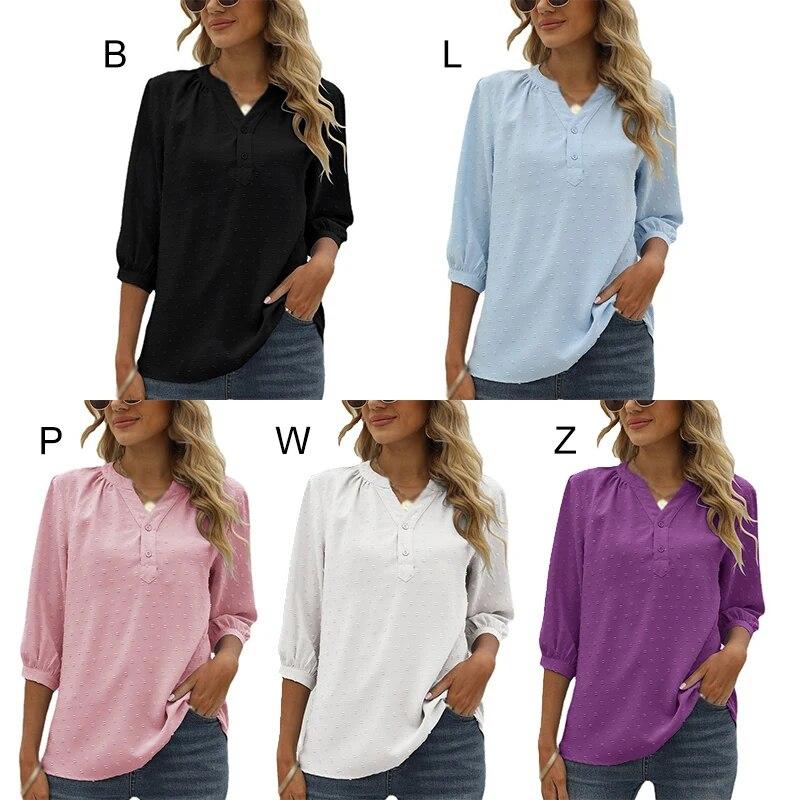 Women's Casual 3/4 Sleeve Henry Shirt V-Neck Button Down Chiffon Blouses Swiss Dot Blouse Pompom Loose T-Shirts Tops