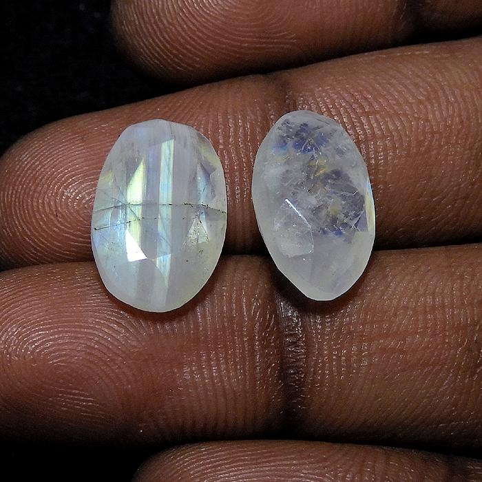 9X15MM Natural Rainbow Moonstone Checker Cut 11Cts. Oval Gemstone 02Pcs Lot RML-434