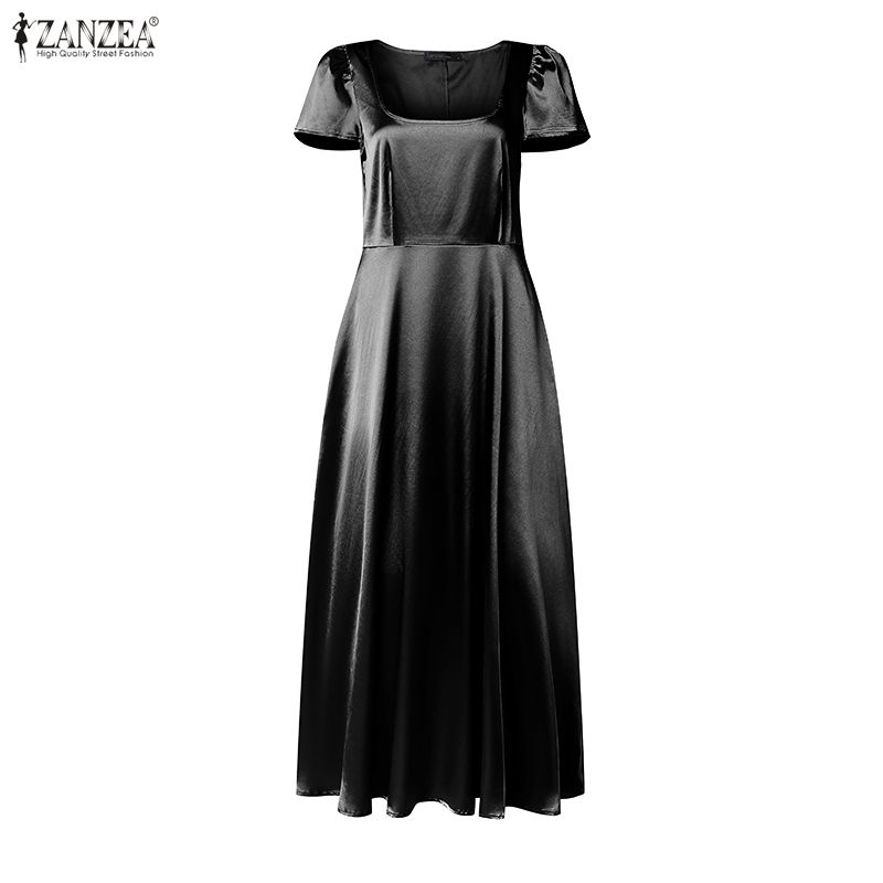 ZANZEA Women Elegant Square Collar Casual Short Sleeve Long Dress